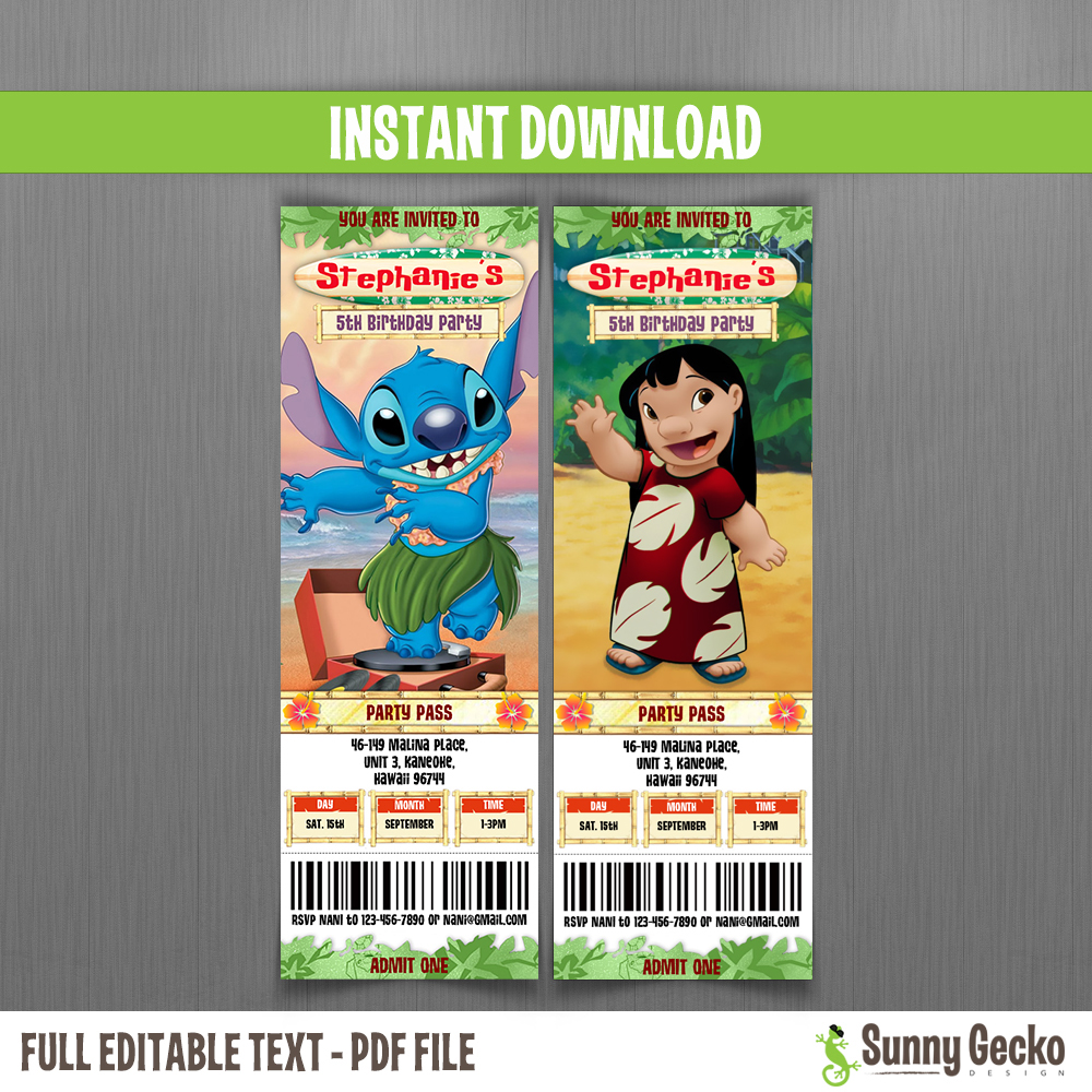 Lilo & Stitch Birthday Ticket Invitations - Instant Download and Edit with  Adobe Reader
