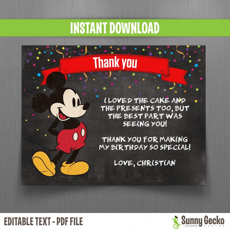 Disney Chalkboard Style Mickey Mouse Birthday Thank You Cards - Instant ...