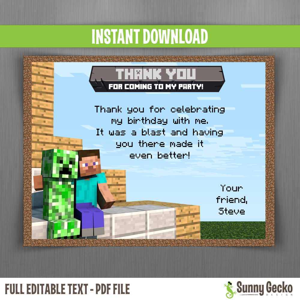 Minecraft Birthday Thank You Cards - Instant Download and Edit In Minecraft Birthday Card Template
