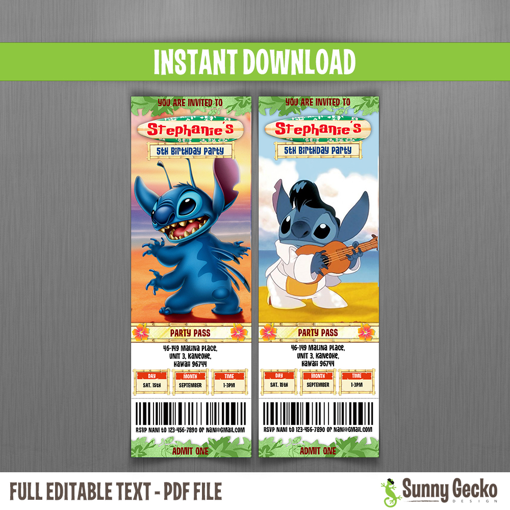 Stitch Birthday Ticket Invitations - Instant Download and Edit with Adobe  Reader