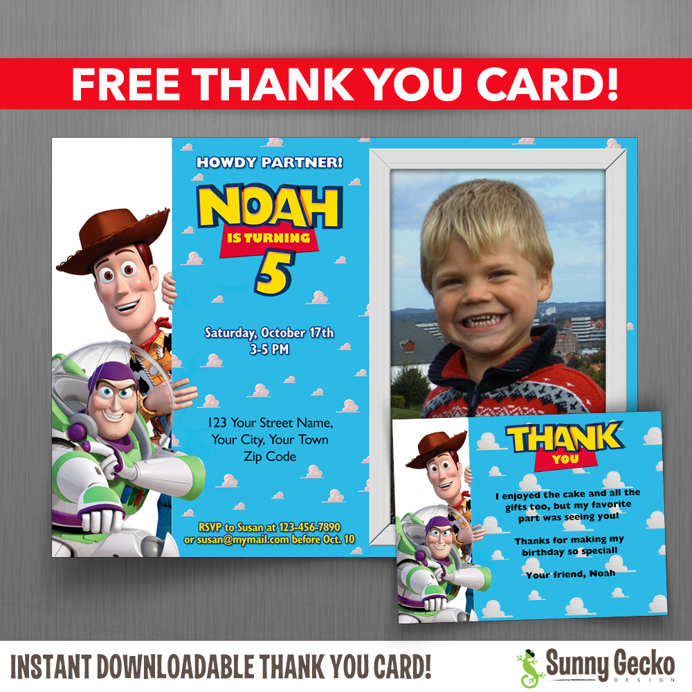 Toy Story 7x5 Or 6x4 In Birthday Party Invitation With Free Editable Thank You Card