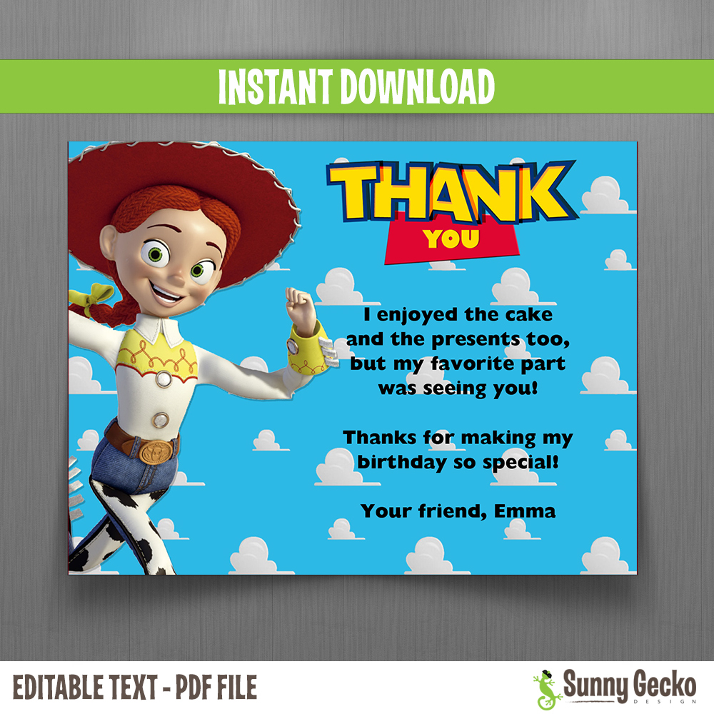 Disney Toy Story Birthday Thank You Cards Jessie Instant Download And Edit With Adobe Reader