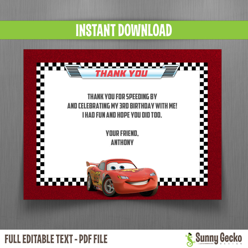 10 x Personalised Photo Birthday Invitations or Thank you Cards Disney Cars 